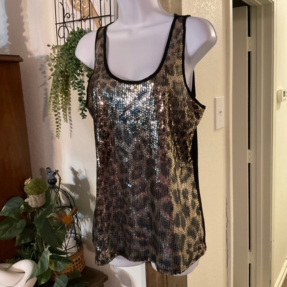 Topia Shimmering Sequin Animal Print Tank Top